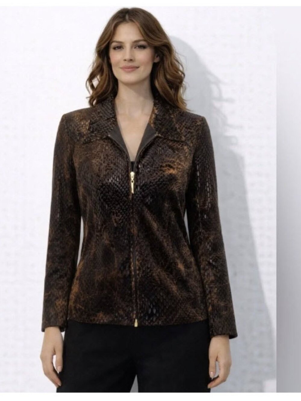 Joseph Ribkoff Animal Print Jacket Textured Velour Brown Zip Blazer 10 Mobwife